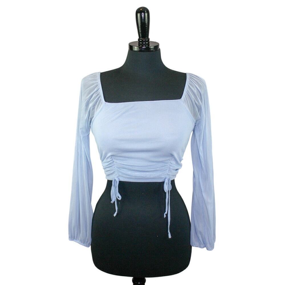 Ambiance Crop Top Pastel Blue Square Neck Sheer Balloon Sleeves Y2K S